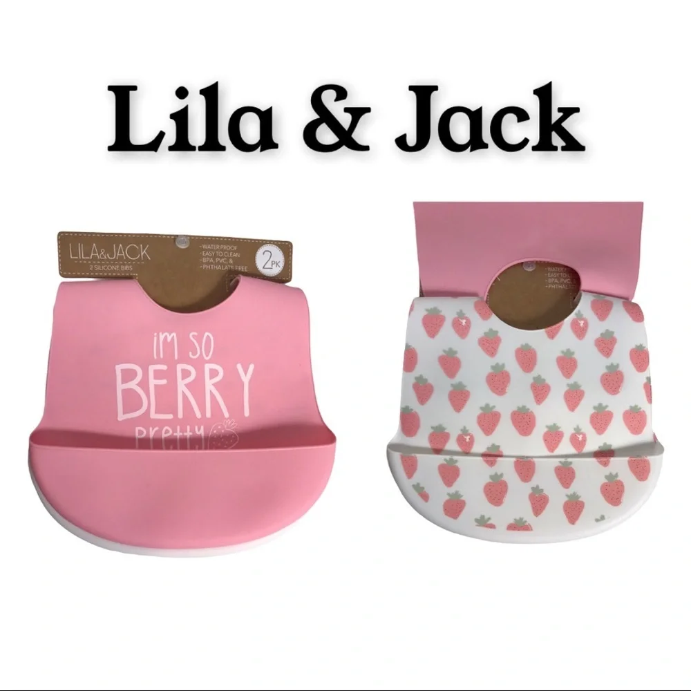 NWT Lila & Jack 2 Pack Silicone Bibs, Pink/White